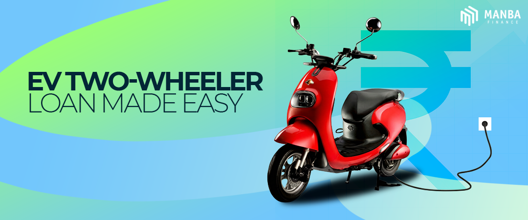 Red electric scooter plugged in for charging with text “EV Two-Wheeler Loan Made Easy” and Manba Finance logo in the background.