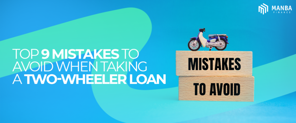 Graphic showing a small scooter on stacked wooden blocks labeled “Mistakes” and “To Avoid” with text about two-wheeler loan mistakes by Manba Finance.