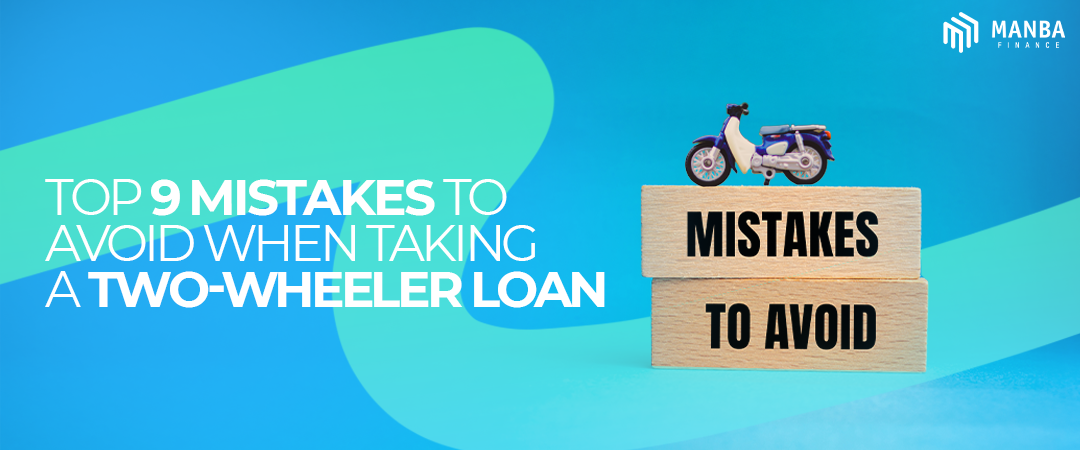 Graphic showing a small scooter on stacked wooden blocks labeled “Mistakes” and “To Avoid” with text about two-wheeler loan mistakes by Manba Finance.