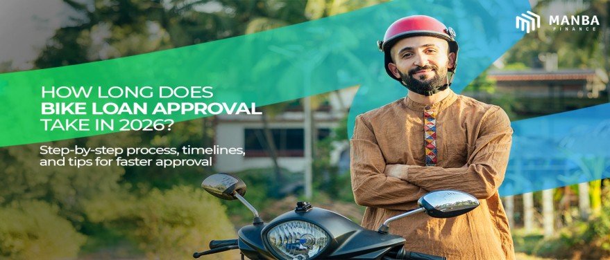 Man wearing a helmet standing beside a bike with text about bike loan approval timeline in 2026 by Manba Finance.