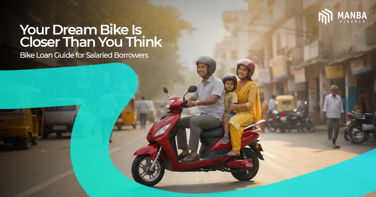 Family riding a red scooter on a city road with text about bike loan guide for salaried borrowers by Manba Finance.