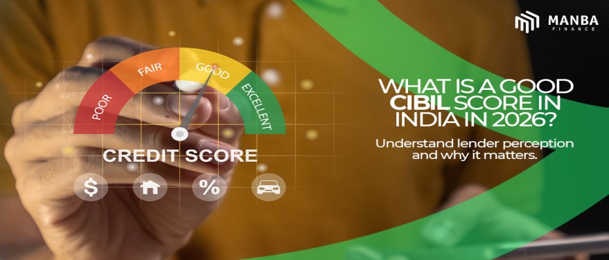 Credit score gauge showing poor to excellent range with text about good CIBIL score in India in 2026 by Manba Finance.