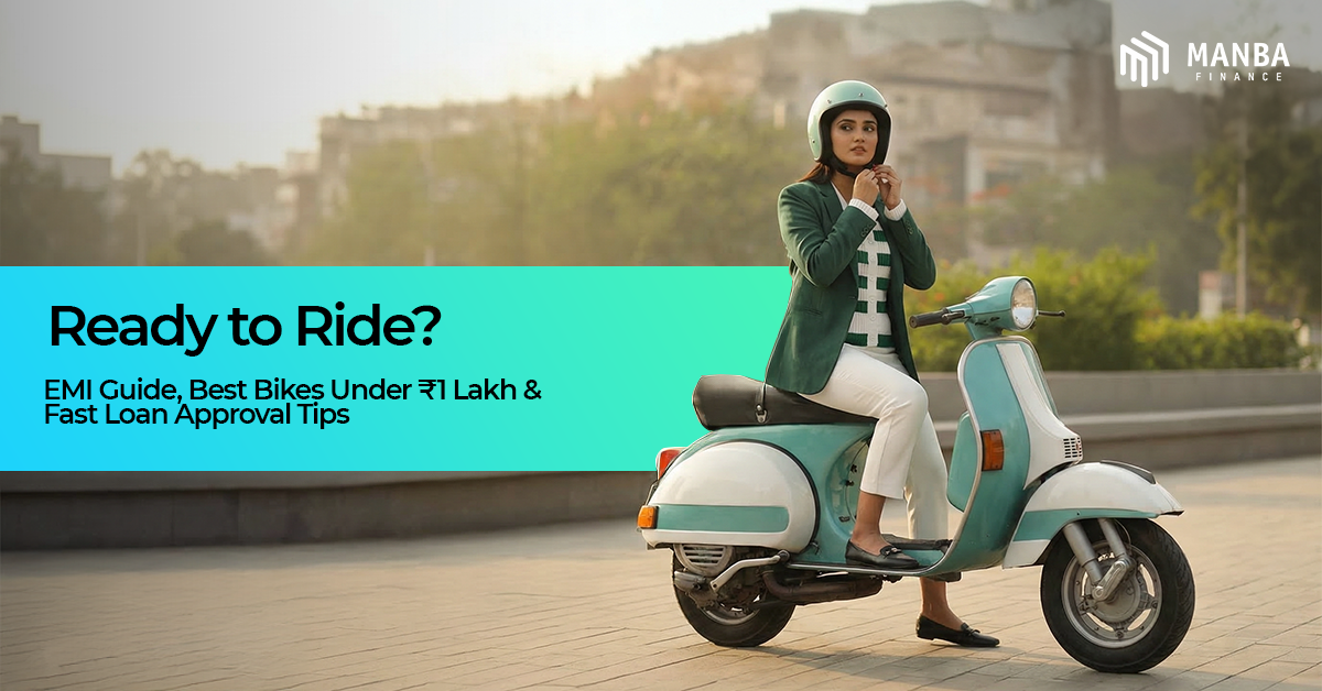 Woman sitting on a scooter wearing a helmet with text about EMI guide, best bikes under ₹1 lakh, and fast loan approval tips by Manba Finance.